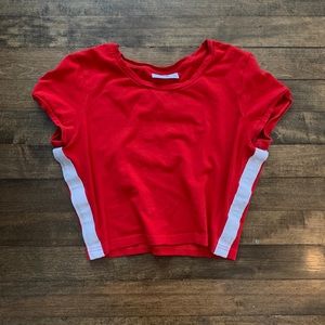 Tna red cropped tee with white stripes along side